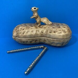 Handmade Vintage 70s Ceramic Peanut Squirrel Nut Bowl & Nutcracker Set Signed KF